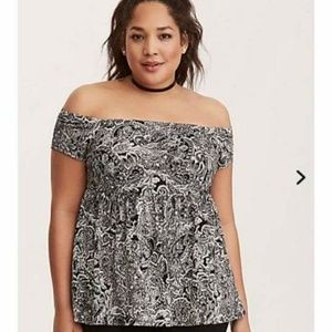Black and white paisley off shoulder babydoll top